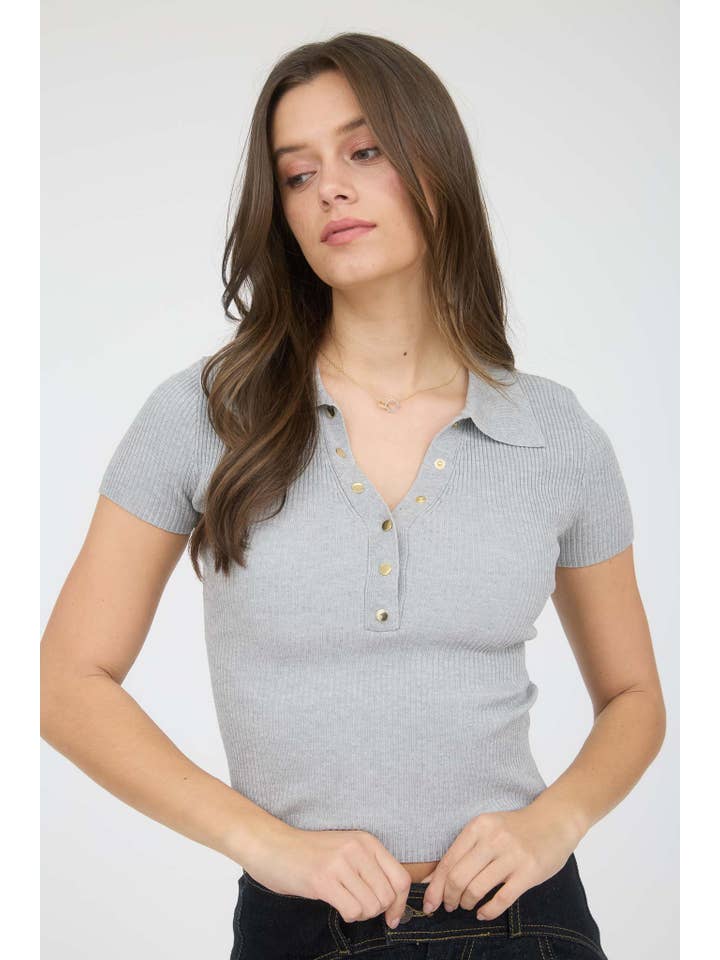 The Workshop Studio - Wholesale Knit Top - Women's - GOLD SNAP BUTTON SHORT SLEEVE SWEATER KNIT POLO