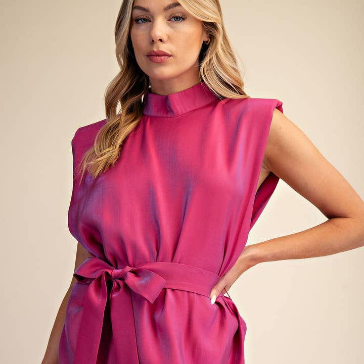 Mock Neck Shoulder Padded Waist Tie Mini Satin Dress for wholesale by Glam