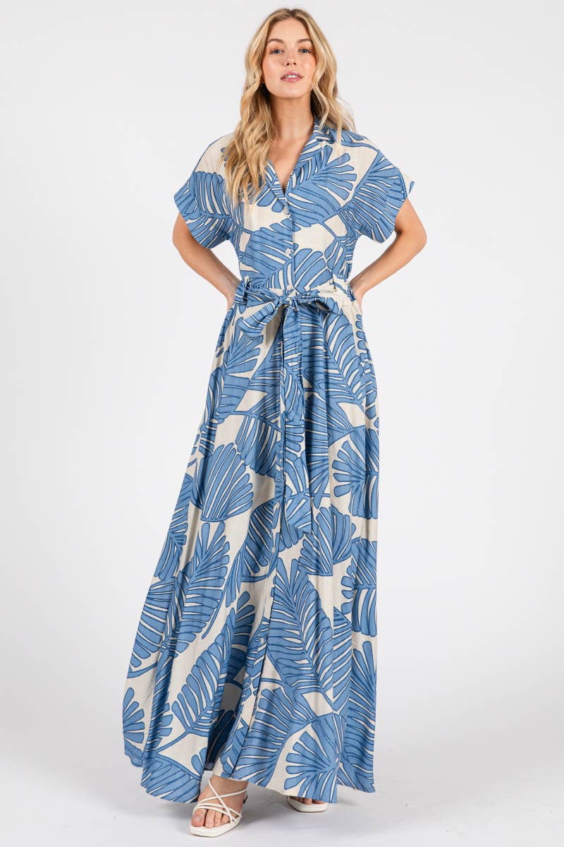 B I G H I T Fashion - Wholesale Dress - Women's - Palm Print Short Sleeve Button-Down Maxi Dress HD3020-BLUE5