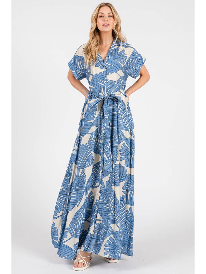 B I G H I T Fashion - Wholesale Dress - Women's - Palm Print Short Sleeve Button-Down Maxi Dress HD3020-BLUE5