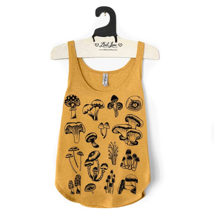 Débardeur doré à motif de champignons en forme de moutarde pour la vente par Mad Love Shop