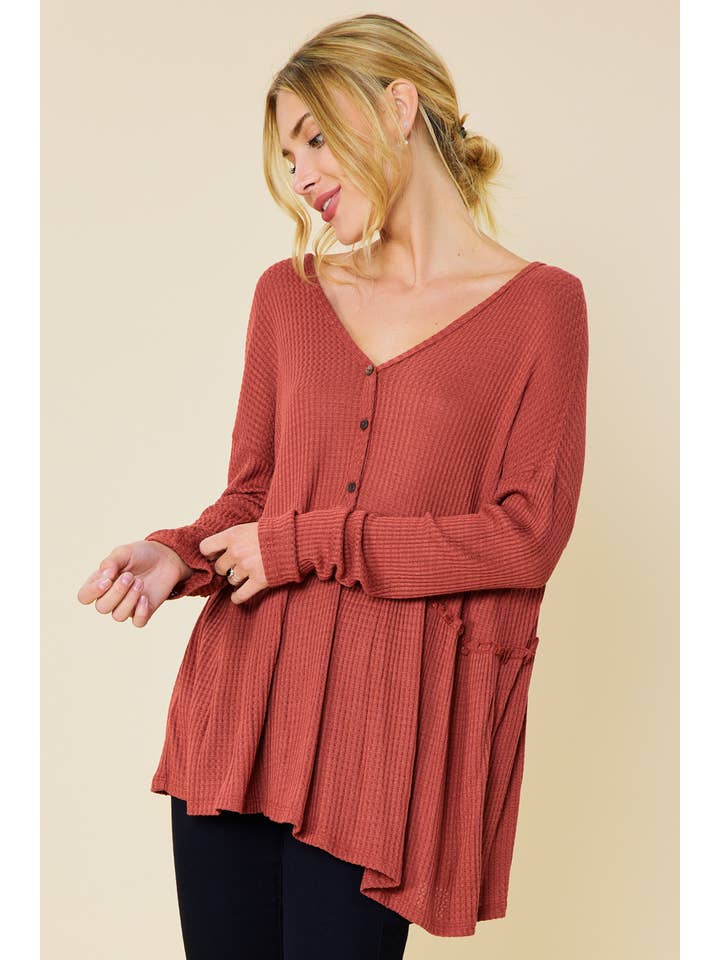 FSL Apparel - Vente Tunique – femme - ST6047 - HAUT PÉPLUM À MANCHES LONGUES ET COL HENLEY EN JERSEY GAUFRÉ14