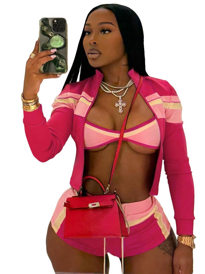 MB Fashion Wholesale - Wholesale Top & Short Set (NOT Loungewear) - Women's - MB FASHION Three-Piece Zip-Up Jacket, Crop Top, and Lace-Up Shorts Set 5029LY4