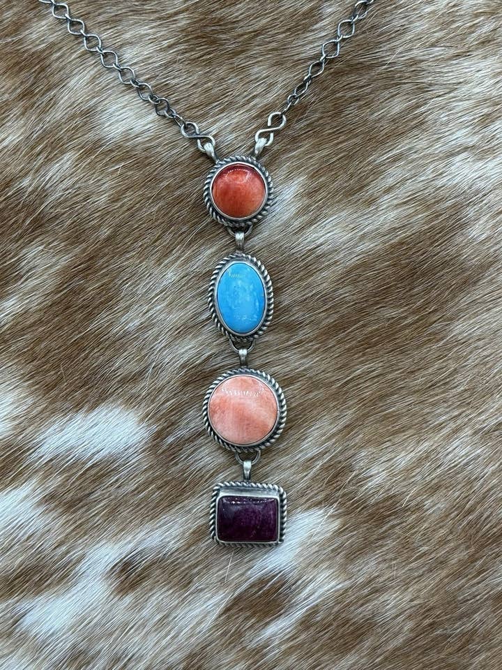 Navajo håndlavet lariat halskæde i sterlingsølv med flerfarvede blandede sten 18” for engroshandel hos Native City Jewelry