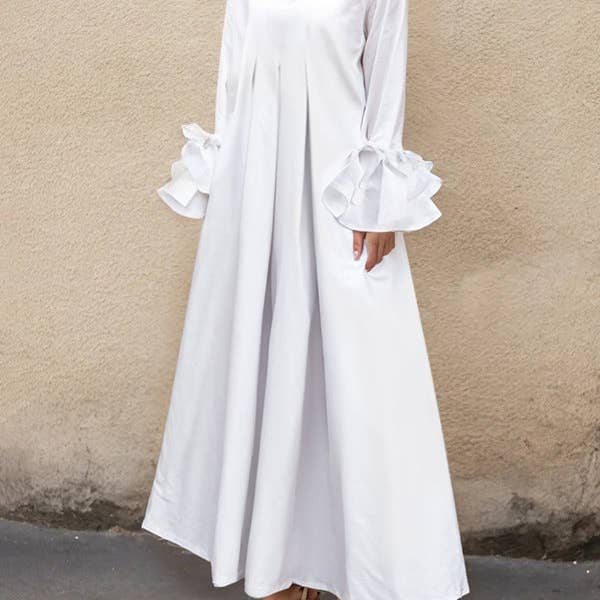 Flared Sleeves Pleated Solid Color Split-Joint Lapel Maxi Dresses Shirt Dress for wholesale by Sheer Trend