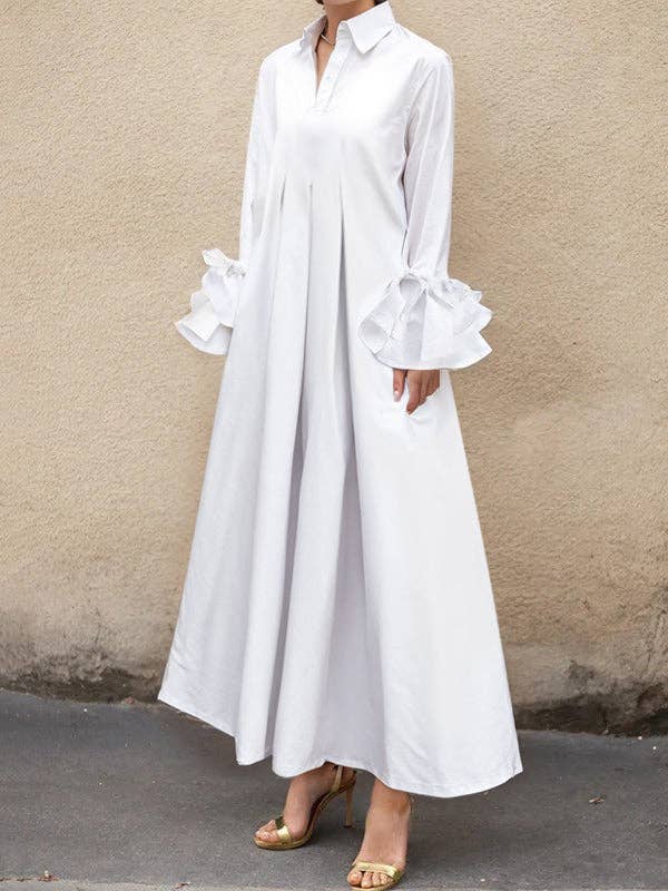 Sheer Trend - Wholesale Dress - Women's - Flared Sleeve Pleated Solid Split Lapel Shirt Dress