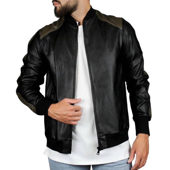 Bomber van ecologisch leer in zwart en modderkleur voor wholesale door Vinto Exclusive