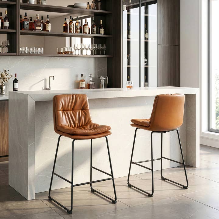 Set of 2 Bauer Faux Leather Bar Stools with Iron Legs for wholesale by Glamour Home
