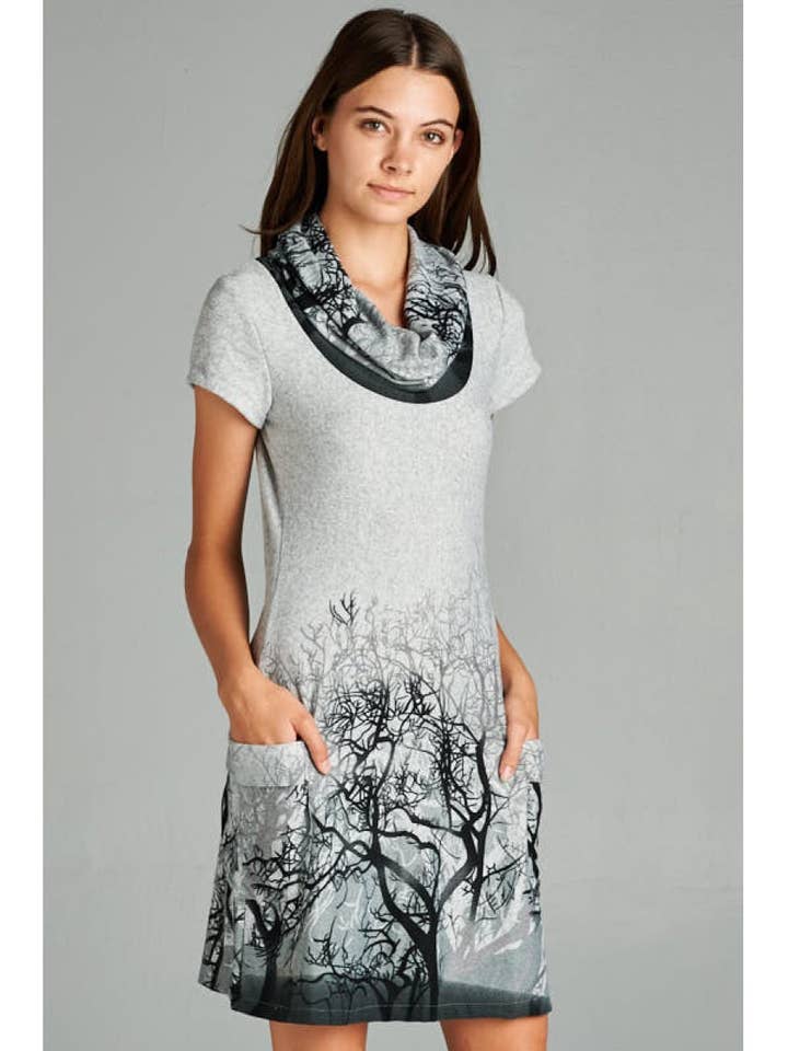 Vestido túnica de invierno con cuello vuelto y estampado de ramas de árbol para venta al por mayor de LA Soul