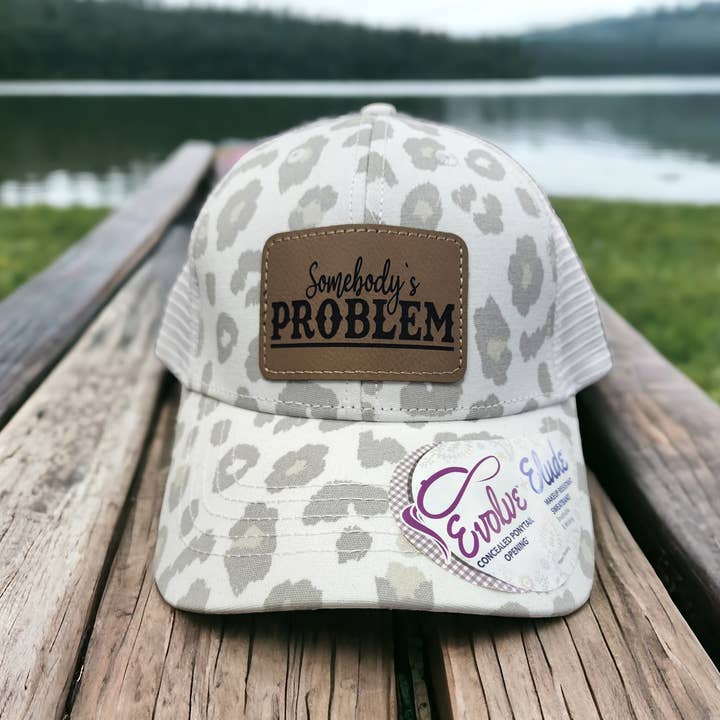 For Heavener's Sake - Wholesale Baseball Cap - Women's - Somebody's Problem White & Gray Leopard Print Trucker Hat
