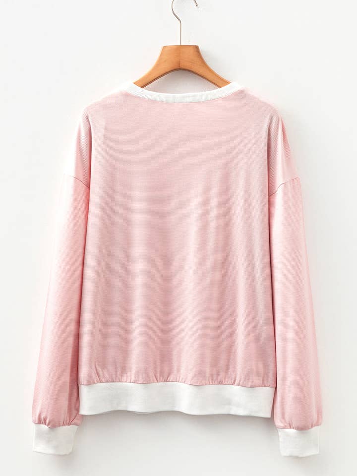 Pink Stripe Contrast Edge Patchwork Long Sleeve Top for wholesale on Faire4