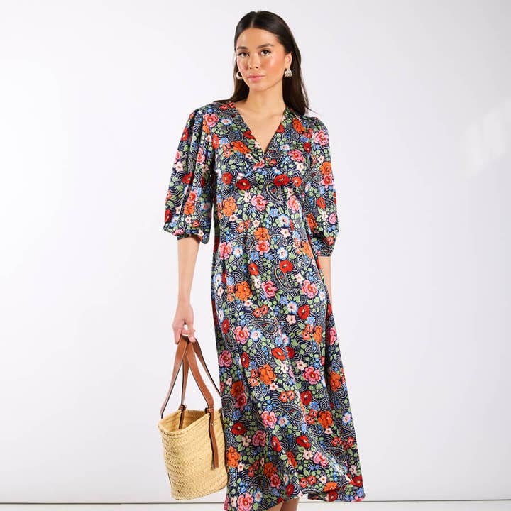 Vestido Midi de Cetim com Flores Multicoloridas por atacado de Needs No Label