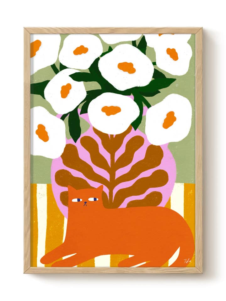 Ginger Cat and Flowers Wall Art Print for wholesale by The Paper Tail