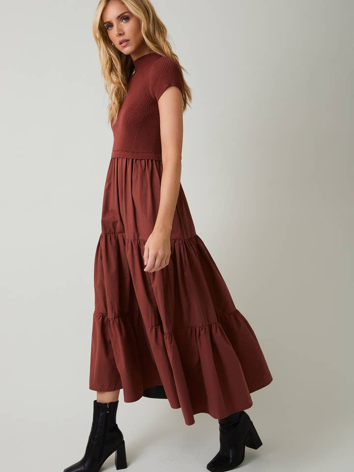 Sunday Edition by LE LIS - Wholesale Dress - Women's - MOCK NECK SHORT SLEEVE KNIT & WOVEN MIX TIERED MIDI DRESS8