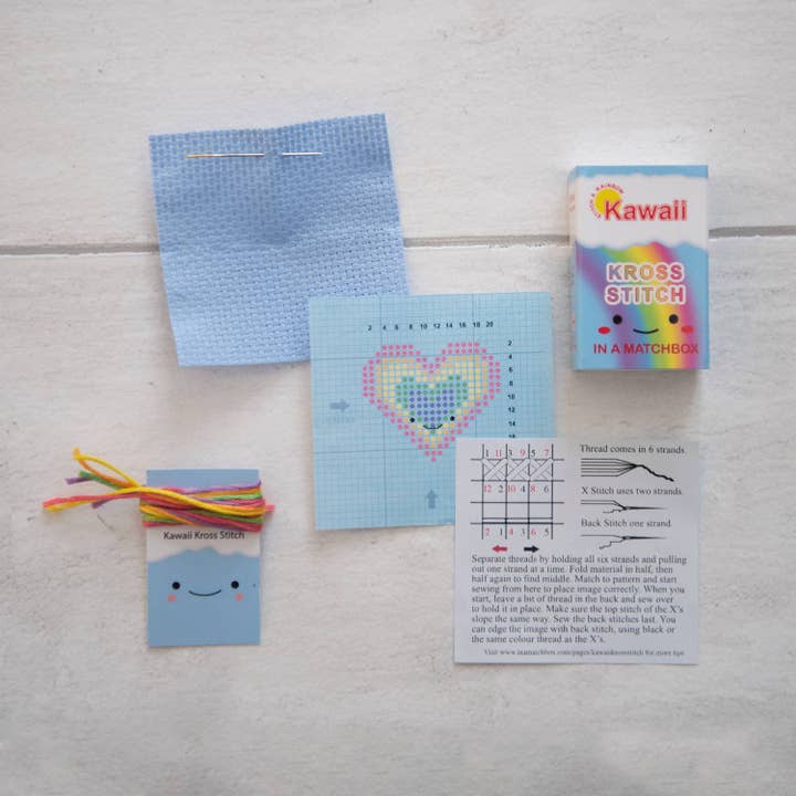 Marvling Bros Ltd - Wholesale Embroidery/Cross Stitch Supplies - Kawaii Rainbow Heart Mini Cross Stitch Kit In A Matchbox