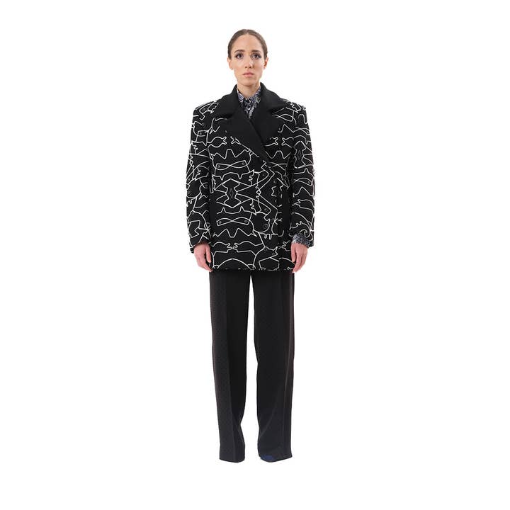 Veste courte en laine noire avec broderie en relief pour la vente par Vicini d’istanti