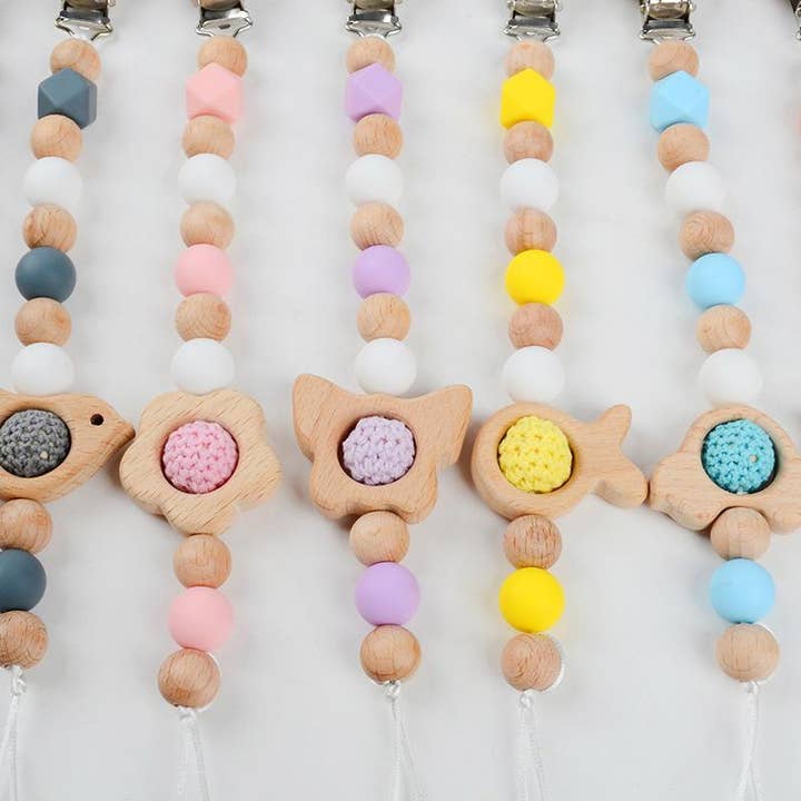 KiddieKickz - Wholesale Pacifier Clip - Baby - Pacifier Clip Anti-drop Chain Handmade of Beech and Silicone