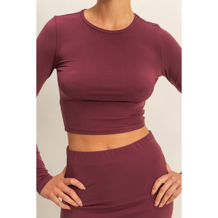 Double Zero - Wholesale Top & Skirt Set - Women's - Long Sleeve Crop Top And High Slit Maxi Skirt Set24