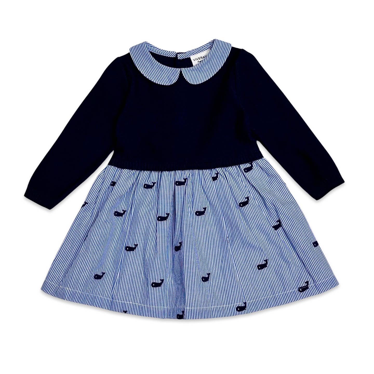 Bleu Marine Robe en tricot à fines rayures brodées en forme de baleine pour bébé (biologique) en vente sur Faire0