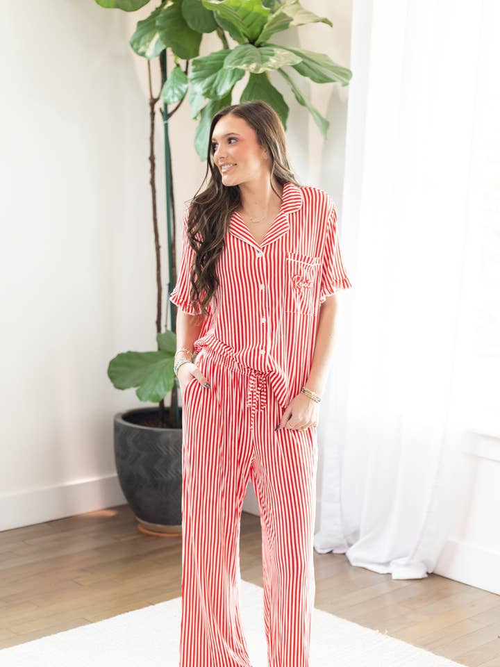 Women's Christmas Red Stripes Embroidered Pajama Pants Set - Rejoice for wholesale by Word Warriors