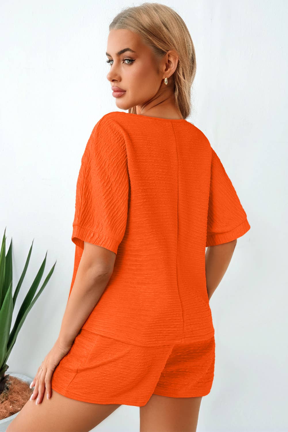 LA Society - Wholesale Lounge Set - Women's - Textured V-Neck Tee and High Waist Shorts Lounge Set1