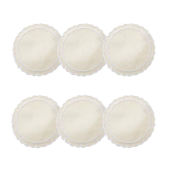 Linho - Base de Copo Redonda com Bordas Recortadas Marfim / Branco - Conjunto de 6 por atacado de Skyros Designs