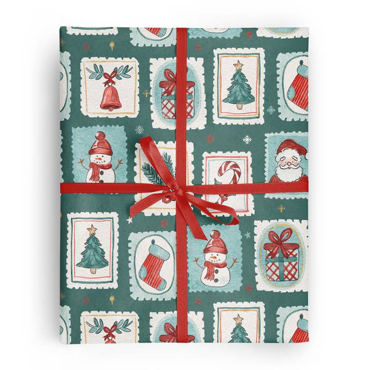 Vivie and Ash - Wholesale Wrapping Paper Roll - Green Christmas Stamps Wrapping Paper Roll