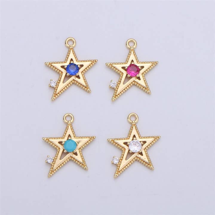 Pingente de estrela cúbica rosa azul transparente, 1 peça, 13x16mm, latão banhado a ouro 16K, CZ, sem níquel, pingente Rock Star para colar brinco I-331 por atacado de Aim Eternal