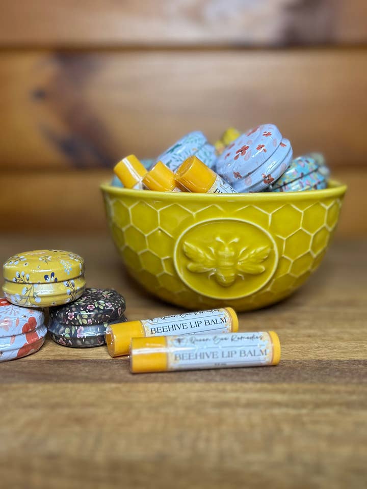 Beehive Lip Balm Tins & Tubes - with Honeycomb Bowl! for wholesale by Queen Bee Remedies LLC