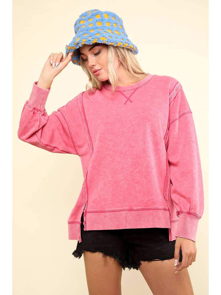 VERY J - Wholesale Knit Top - Women's - NT11399-Mineral Washed French Terry Oversized Knit Top
