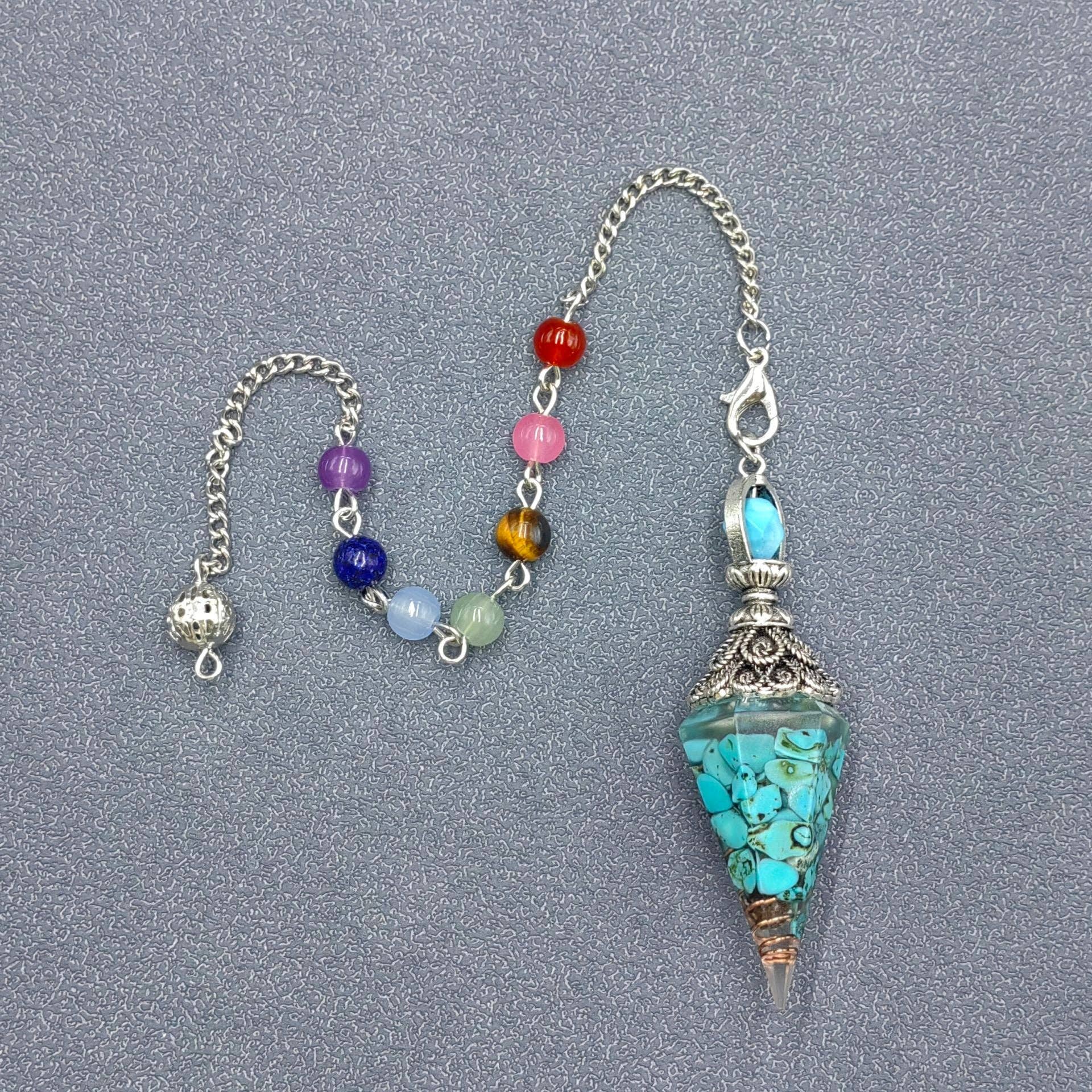 Mio Queena - Wholesale Spiritual Stone/Crystal - Hexagonal Cone Gravel Pendulum with Chakra Chain - CS19