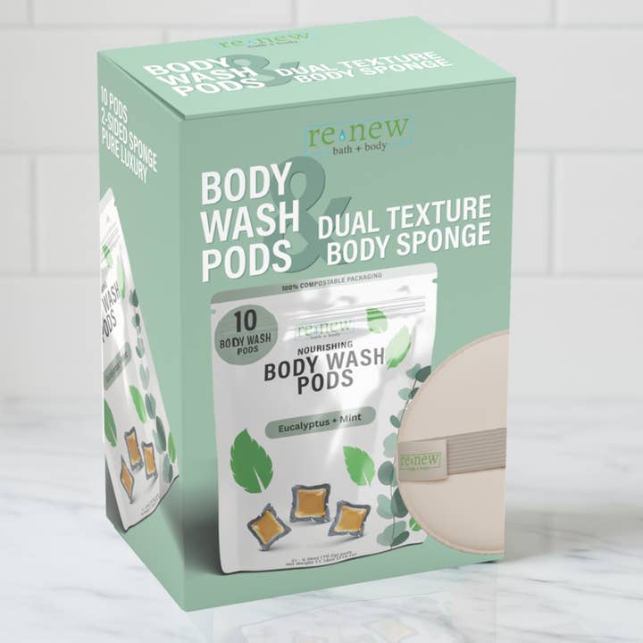 Body Wash Pod + Dual-Sided Sponge Starter Kit for wholesale by renew bath + body