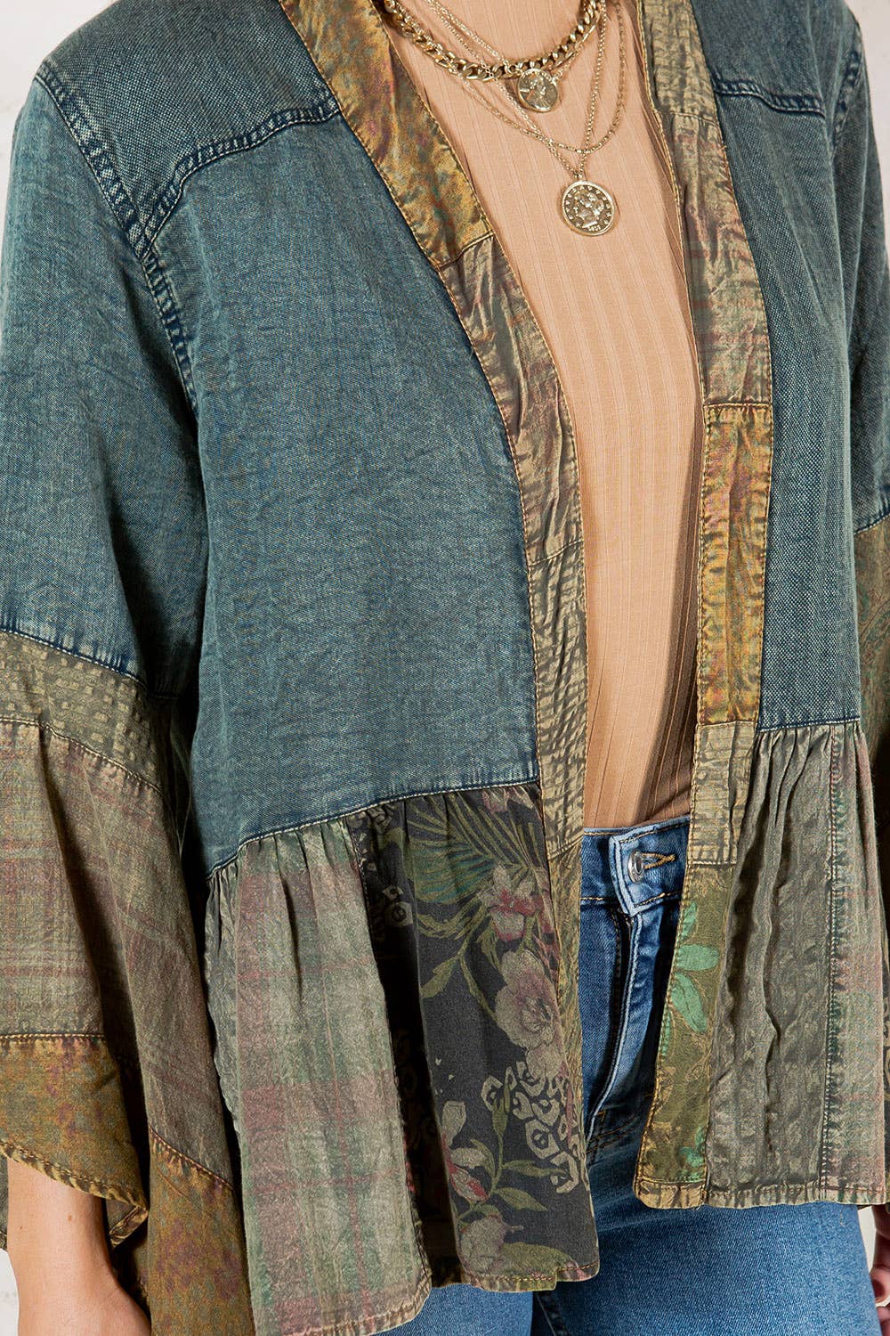 Young Threads - Wholesale Kimono - Women's - Western Boho Lace & Denim Patchwork Kimono Top NEW16