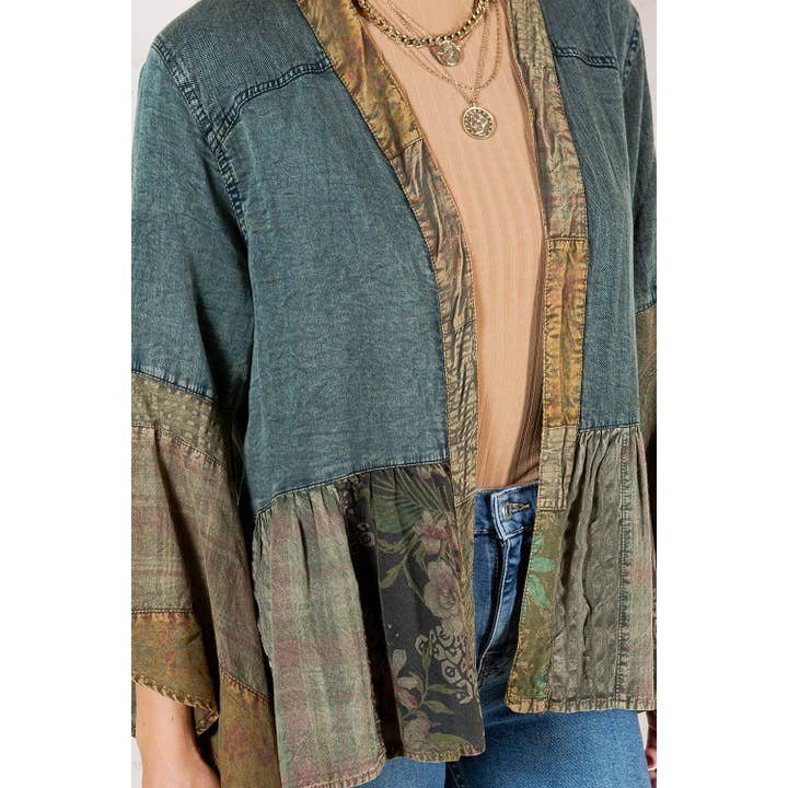 Young Threads - Wholesale Kimono - Women's - Western Boho Lace & Denim Patchwork Kimono Top NEW16