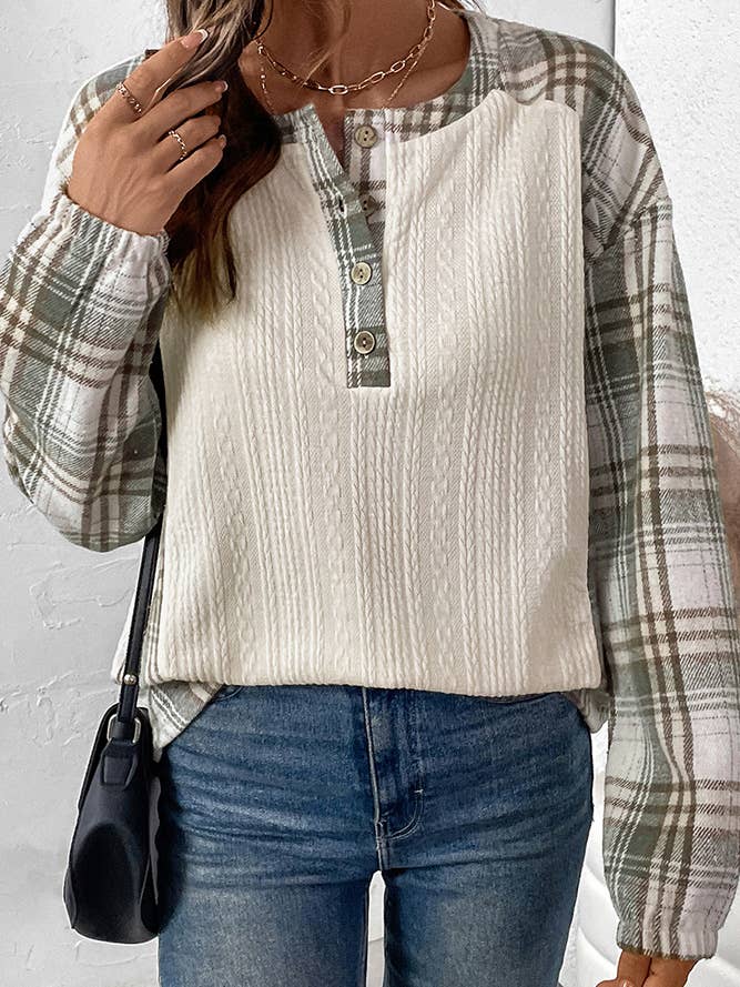 Apricot Raglan Plaid Colorblock Fall Long Sleeves Top for wholesale on Faire