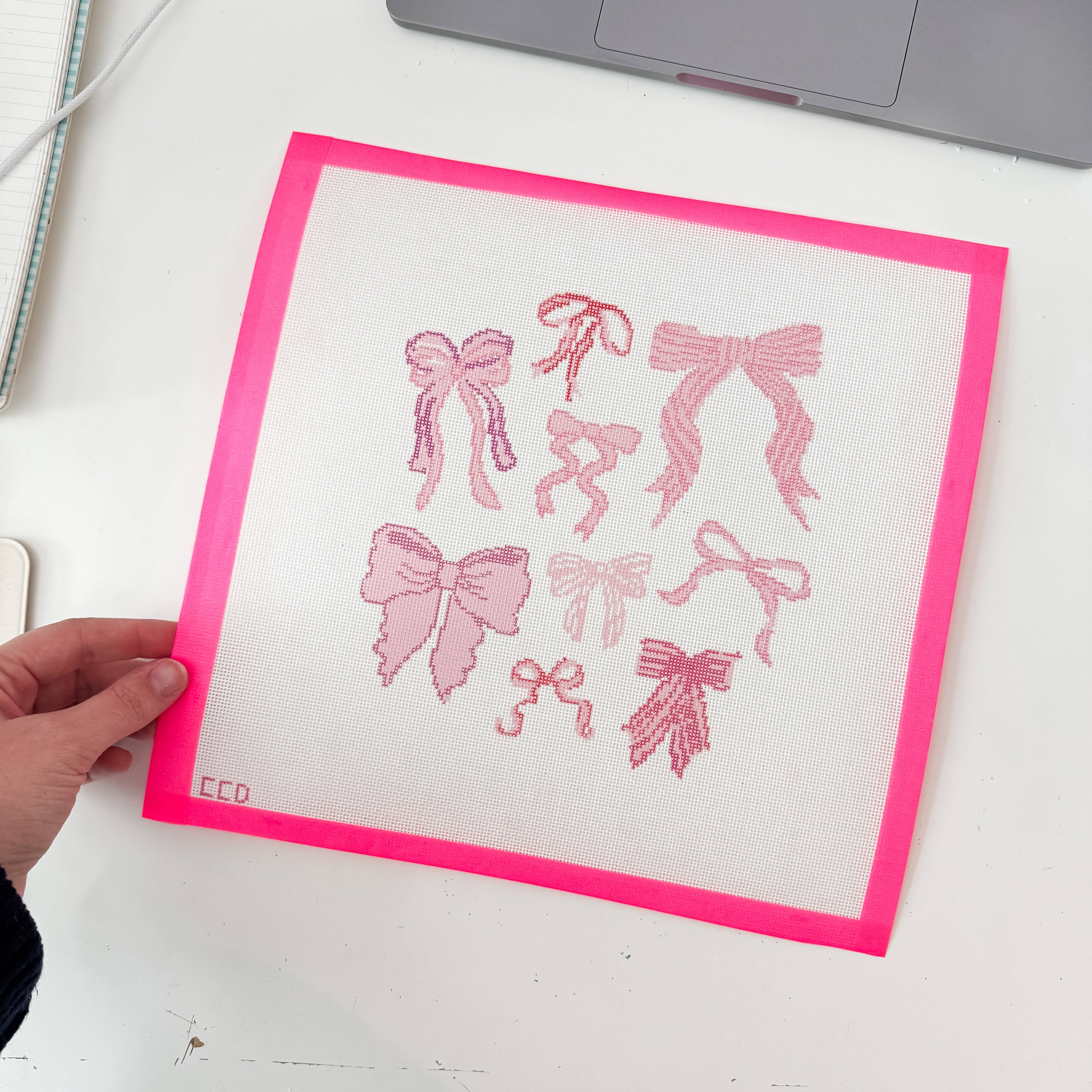 Cotswold Co Designs – wholesale Embroidery/cross-stitch supplies – Hand Painted Coquette Bow 8” Pillow Design Needlepoint Canvas 18 Mesh Coquette Needlepoint Canvas Bow Hand Painted6