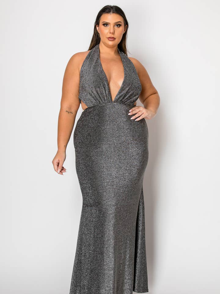 nero/argento Abito lungo con scollo all'americana in tessuto lurex DM3908X PLUS in vendita all'ingrosso su Faire0