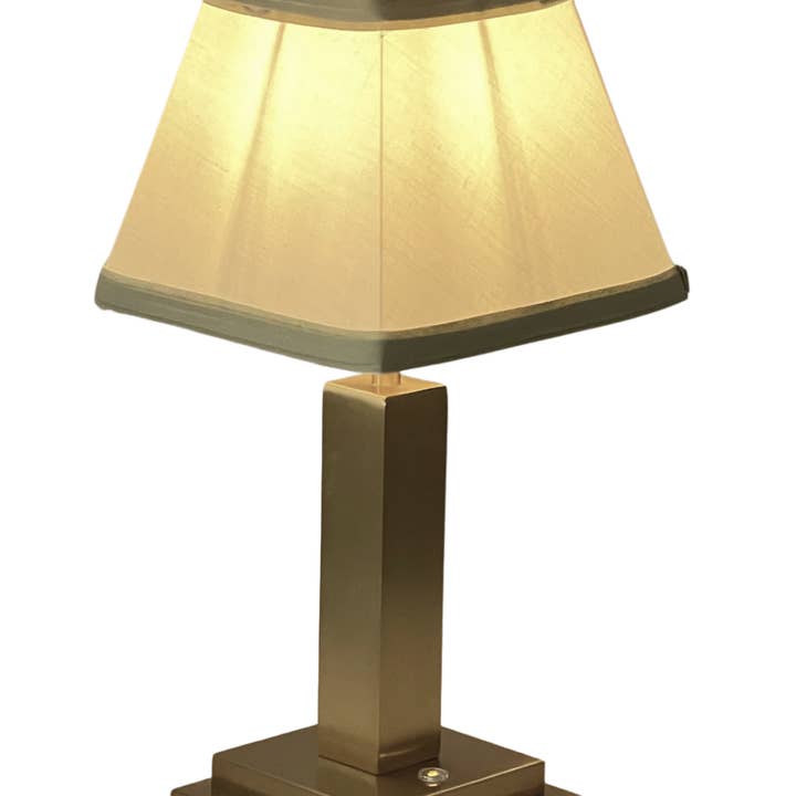 Rechargeable Table Lamp – Gold Square Base, Green Trim Pleated Shade for wholesale by The Enchanted Home