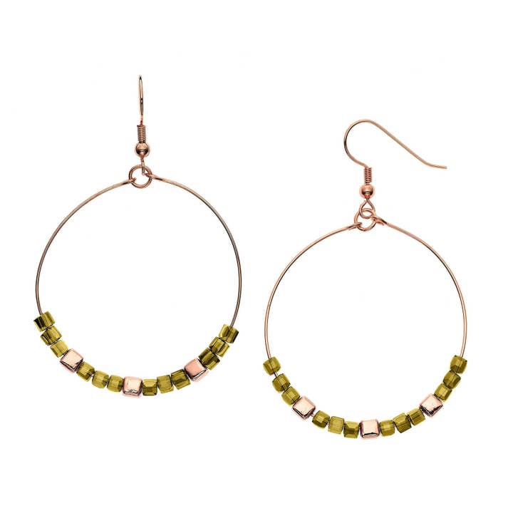 Pendientes colgantes chapados en oro rosa de 14 quilates y cuentas en forma de cubo de vidrio de coco para venta al por mayor de Luxe on Main LLC