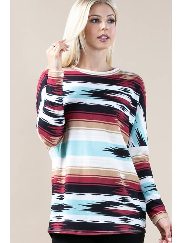 Red Black Turquoise KC010-CELINE AZTEC PRINT DOLMAN SLEEVE HACCI TUNIC for wholesale on Faire2