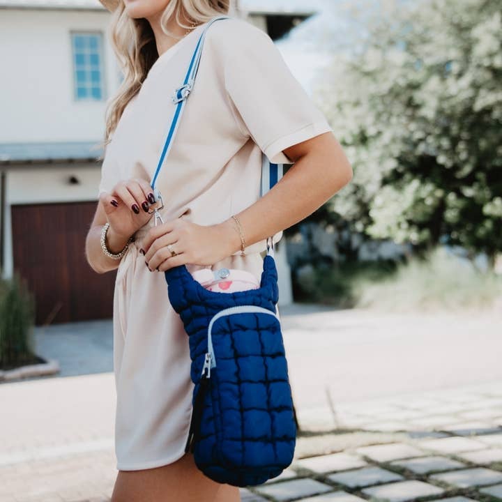 Navy Two-Toned Quilted Water Bottle Holder with Strap for wholesale by Katydid