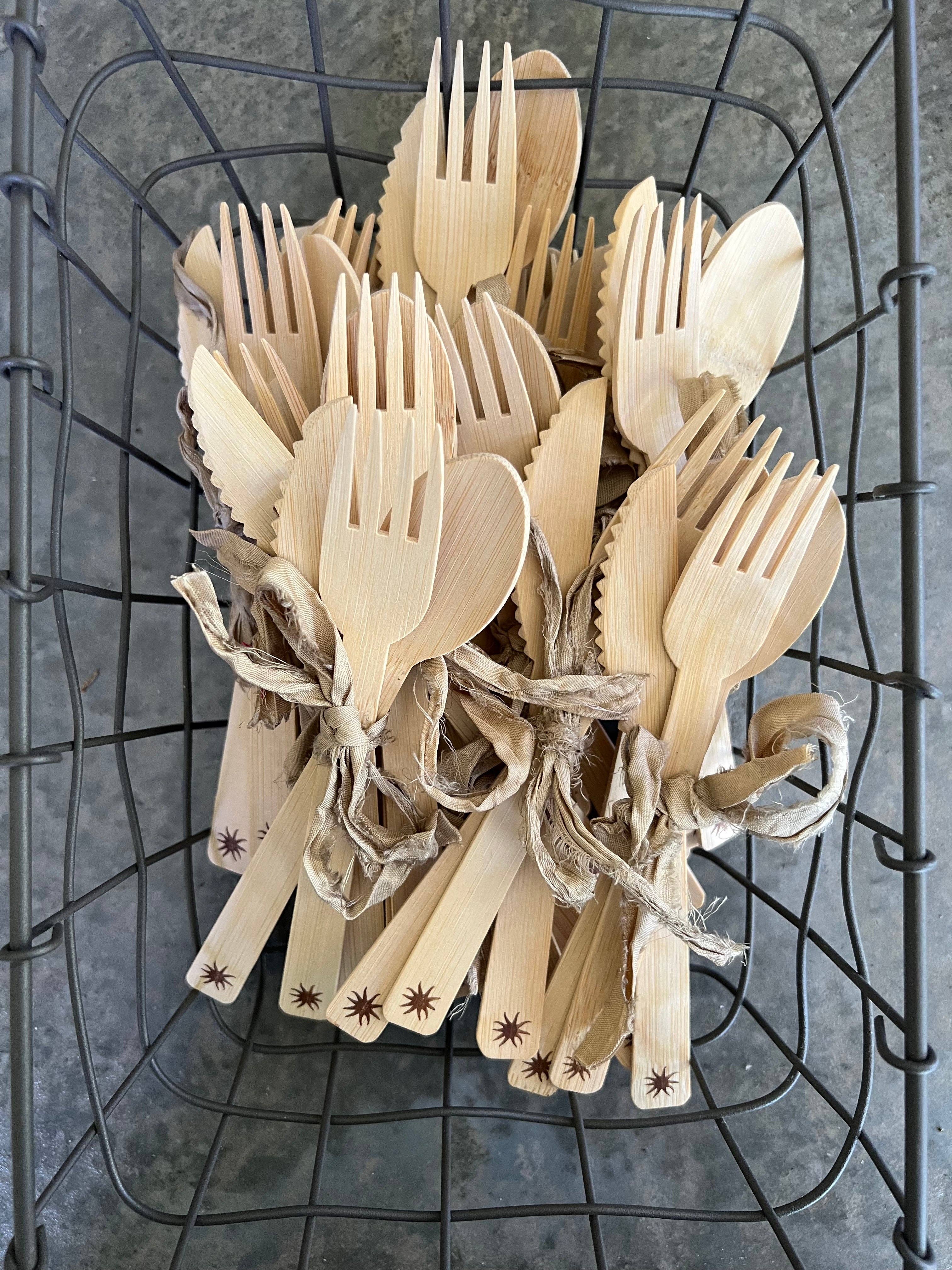 maaterra - Wholesale Assorted Cutlery Set - Compostable Bamboo Cutlery Set | 8 Forks, 8 Knives, 8 Spoons6