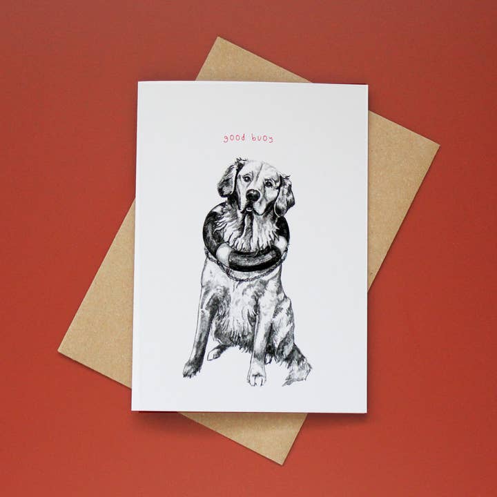 Good Boy Golden Retriever Dog Greeting Card for wholesale by Strange Goods