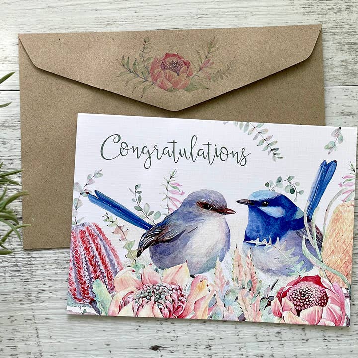 Scattered Seed Co - Wholesale Congratulations card - Superb Fairy Wren - Wedding/Engagement Card4