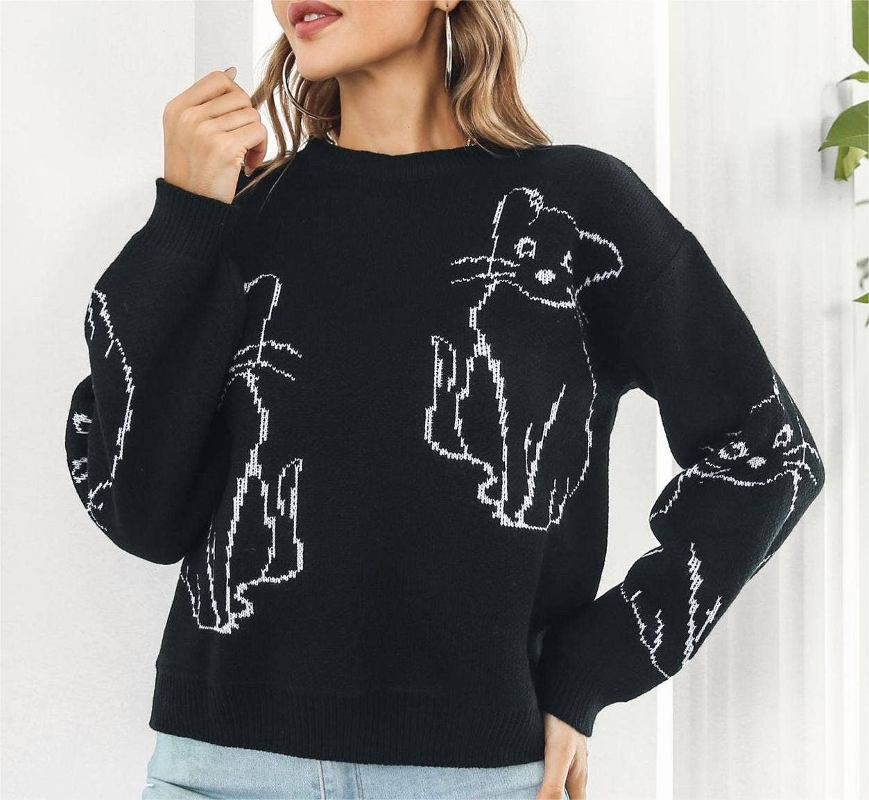 Rosa Clothing - Vente Pull en maille – femme - Pull jacquard tricoté à motif animaux chat5
