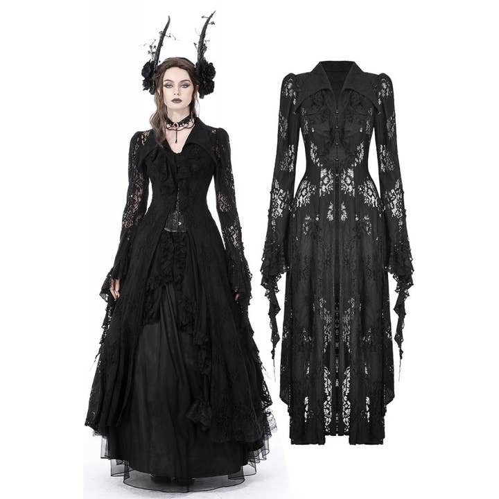 Necessary Evil (Kate's Clothing Ltd T/As) - Wholesale Coat - Women's - Dark In Love Livvy Lace Coat - Women's Gothic Jacket with Pointed Collar and Ruffles