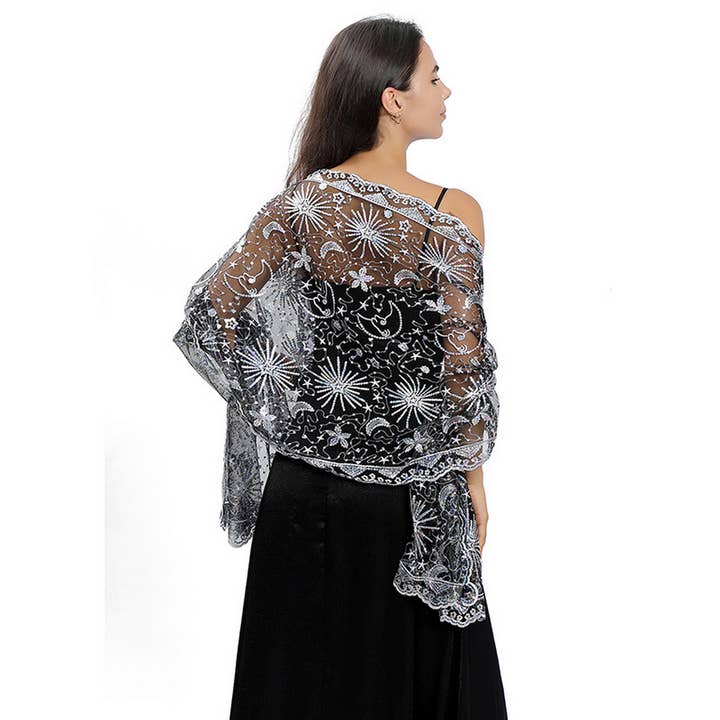 ACCITY - Wholesale Wrap - Women's - STARS AND MOON EMBROIDERED SHAWL_CWASC10796