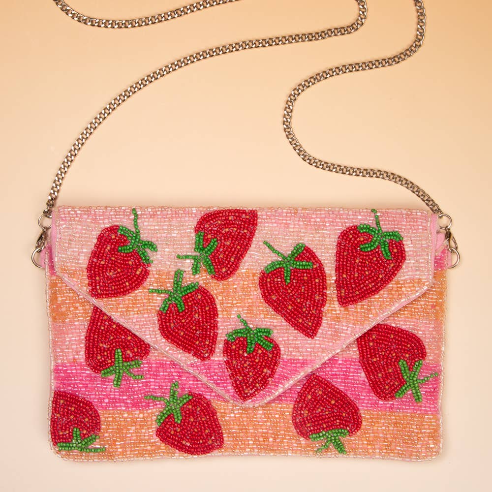 SP Sophia Collection - Wholesale Clutch Bag - Women's - Handmade Seed Bead Strawberry Clutch with Detachable Chain0