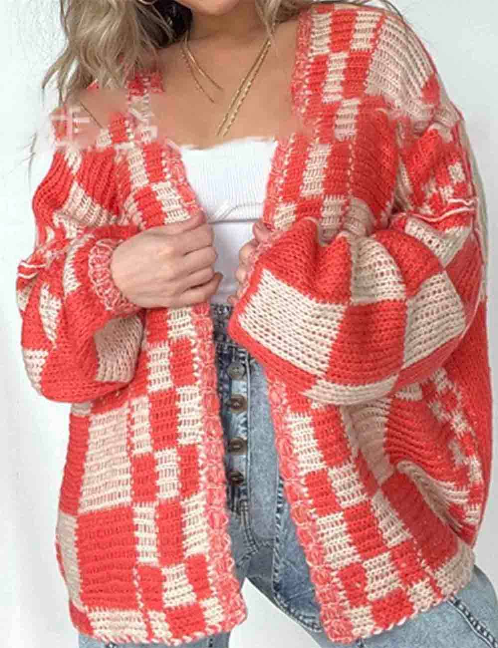 Sweetkama - Wholesale Cardigan - Women's - Ladies Color Block Checked Long Sleeves Sweater Cardigan3