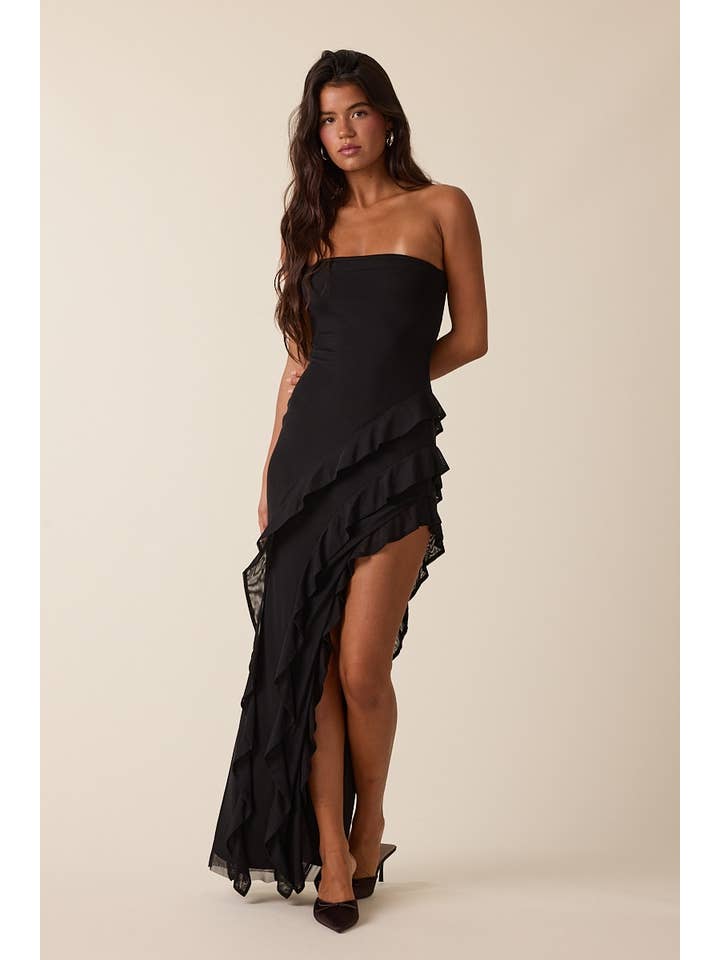 BLACK ASYMMETRY HIGH-LOW LAYERED MESH TUBE DRESS for wholesale on Faire
